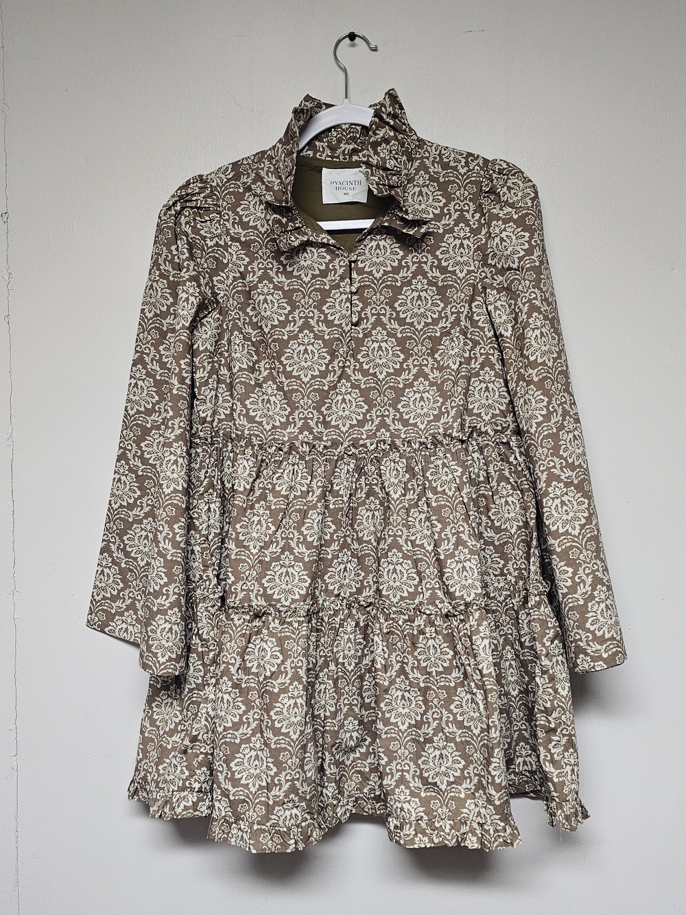 Olive Green Moody Moss Print Wedding Guest Dress Oversized XXS Statement Sleeves